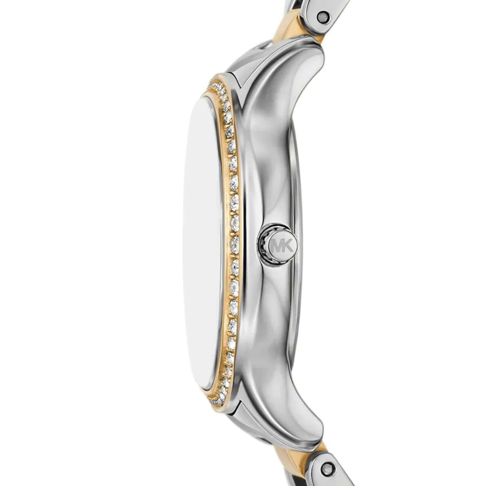 Γυναικείο ρολόι Michael Kors Sage MK4910 με δίχρωμο ατσάλινο μπρασελέ σε ασημί-χρυσό χρώμα και άσπρο φίλντισι καντράν 31mm με ζιργκόν, πλαϊνή όψη.
