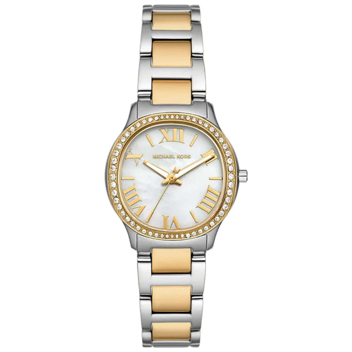 Γυναικείο ρολόι Michael Kors Sage MK4910 με δίχρωμο ατσάλινο μπρασελέ σε ασημί-χρυσό χρώμα και άσπρο φίλντισι καντράν 31mm με ζιργκόν.