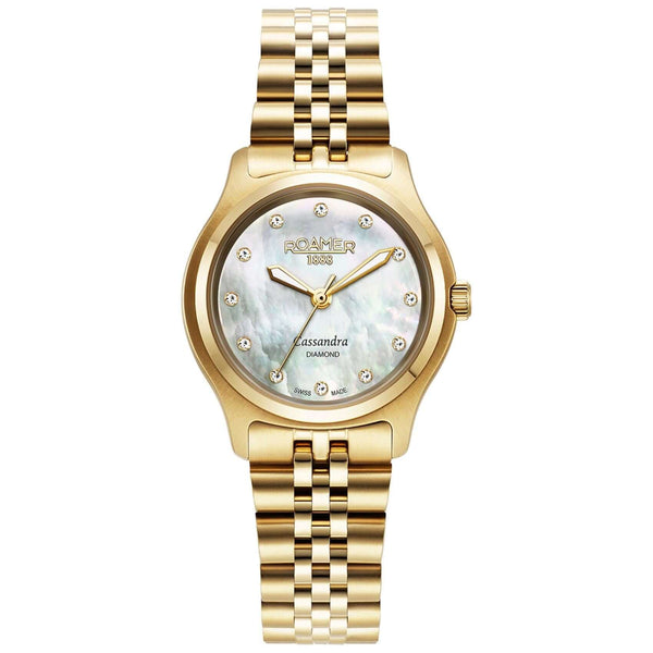 Γυναικείο ρολόι Roamer Cassandra Diamond 626847-48-89-20 με χρυσό ατσάλινο μπρασελέ, λευκό φίλντισι καντράν και κάσα 31 mm.