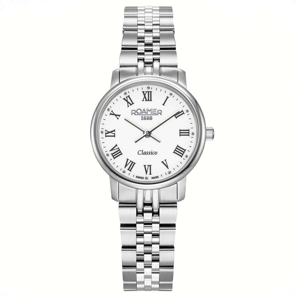 Γυναικείο ρολόι Roamer Classico Ladies 971857-41-25-50 με ασημί ατσάλινο μπρασελέ, λευκό καντράν και κάσα 30 mm.