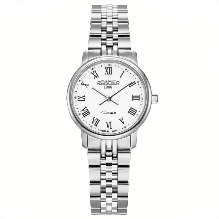 Γυναικείο ρολόι Roamer Classico Ladies 971857-41-25-50 με ασημί ατσάλινο μπρασελέ, λευκό καντράν και κάσα 30 mm.