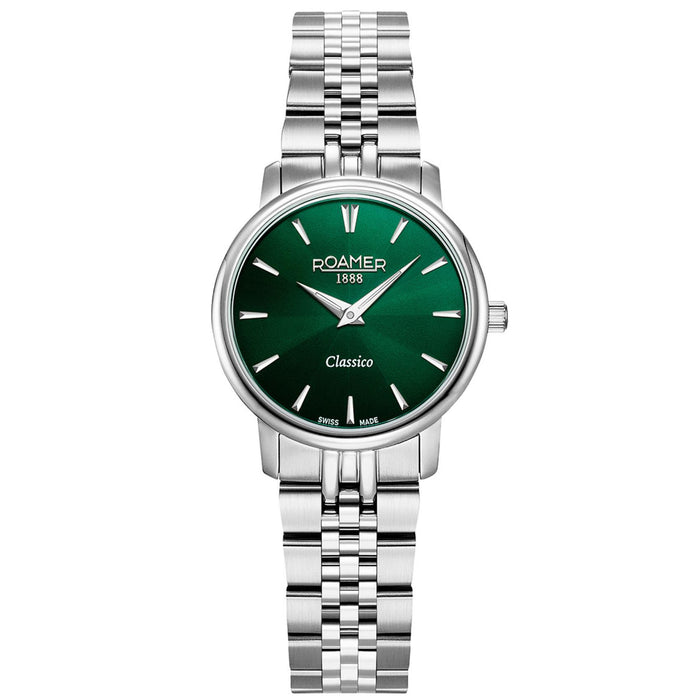 Γυναικείο ρολόι Roamer Classico Ladies 971857-41-75-50 με ασημί ατσάλινο μπρασελέ, πράσινο καντράν και κάσα 30 mm.