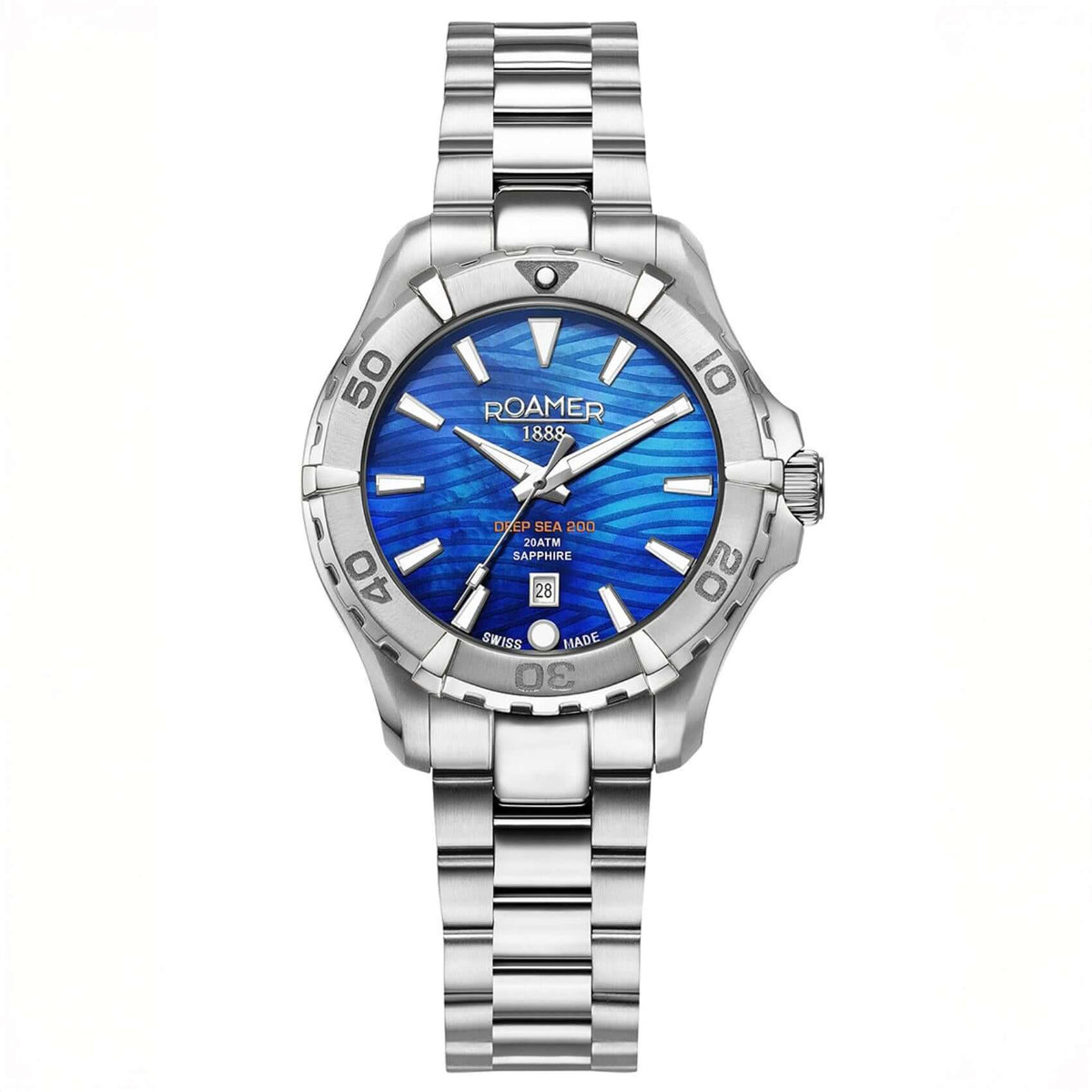 Γυναικείο καταδυτικό ρολόι Roamer Deep Sea 200 Ladies 860844-41-45-20 με ασημί ατσάλινο μπρασελέ και μπλε καντράν διαμέτρου 34mm.