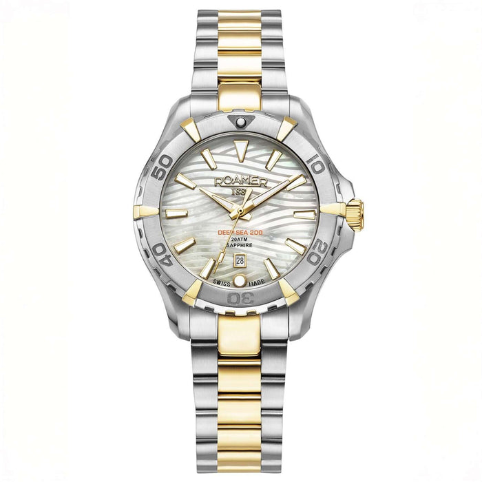 Γυναικείο καταδυτικό ρολόι Roamer Deep Sea 200 Ladies 860844-47-20-20 με δίχρωμο ασημί-χρυσό ατσάλινο μπρασελέ και άσπρο φίλντισι καντράν 34mm