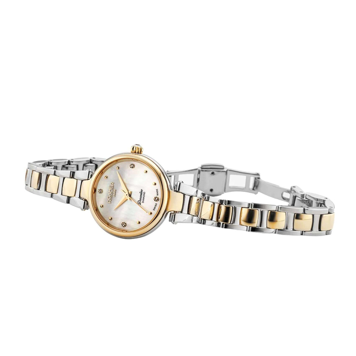 Καντράν από γυναικείο ρολόι Roamer Dreamline Diamonds 967847-47-20-50 σε λευκό φίλντισι με διαμάντια και κάσα 28 mm.