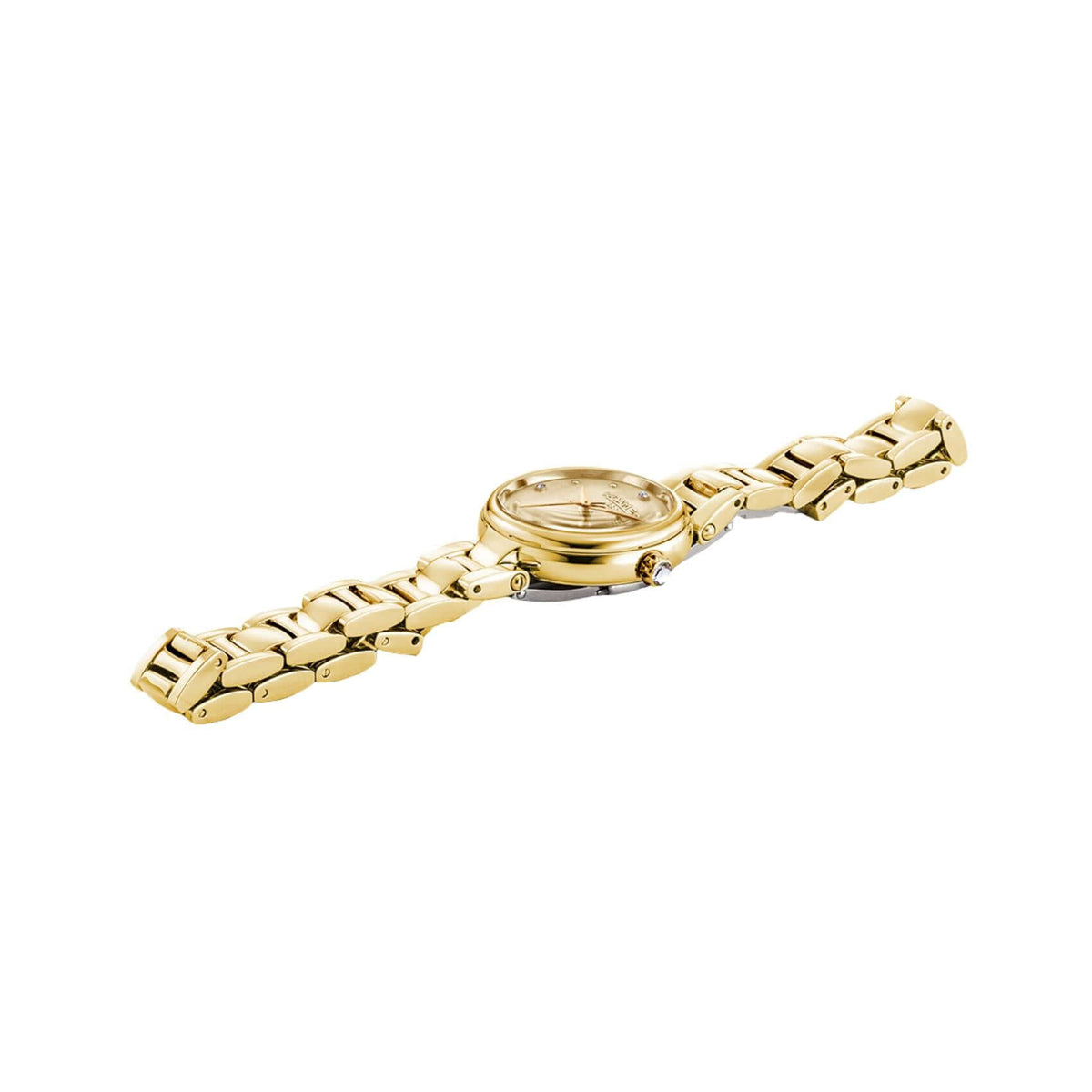Πλάγια όψη από γυναικείο ρολόι Roamer Dreamline Diamonds 967847-48-30-50 με χρυσό μπρασελέ από ανοξείδωτο ατσάλι.