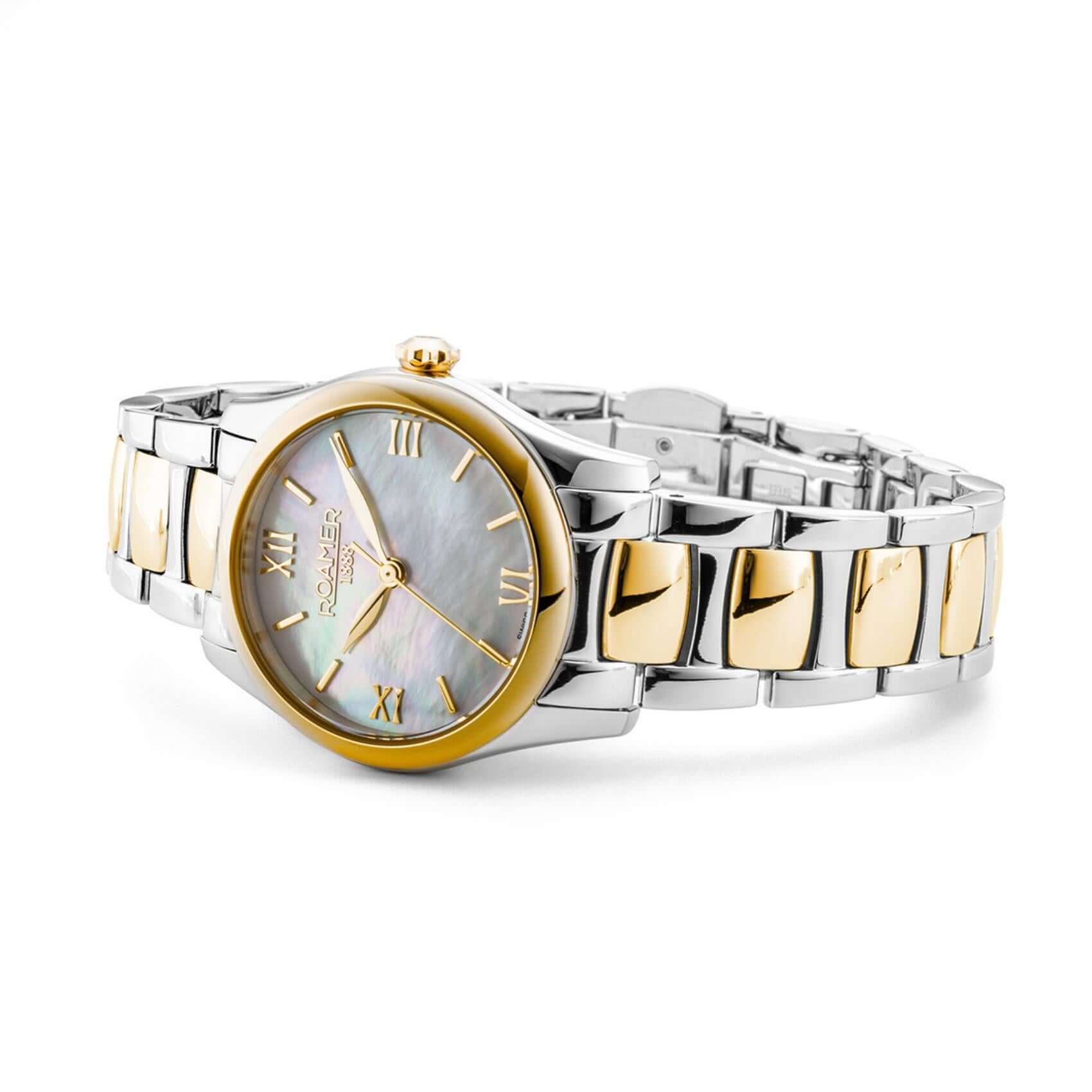 Γυναικείο ρολόι Roamer Eleganza 974847-47-20-20 με δίχρωμο ατσάλινο μπρασελέ σε ασημί-χρυσό χρώμα & με λευκό φίλντισι καντράν 30mm.
