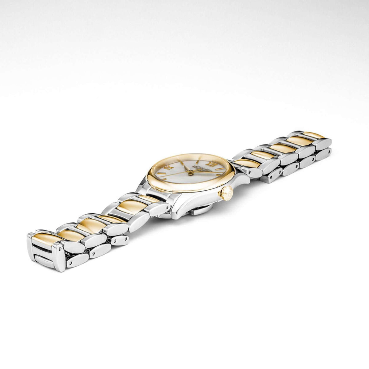 Ρολόι Roamer Eleganza 974847-47-20-20 γυναικείο, με δίχρωμο ατσάλινο μπρασελέ σε ασημί-χρυσό χρώμα & με λευκό φίλντισι καντράν 30mm.