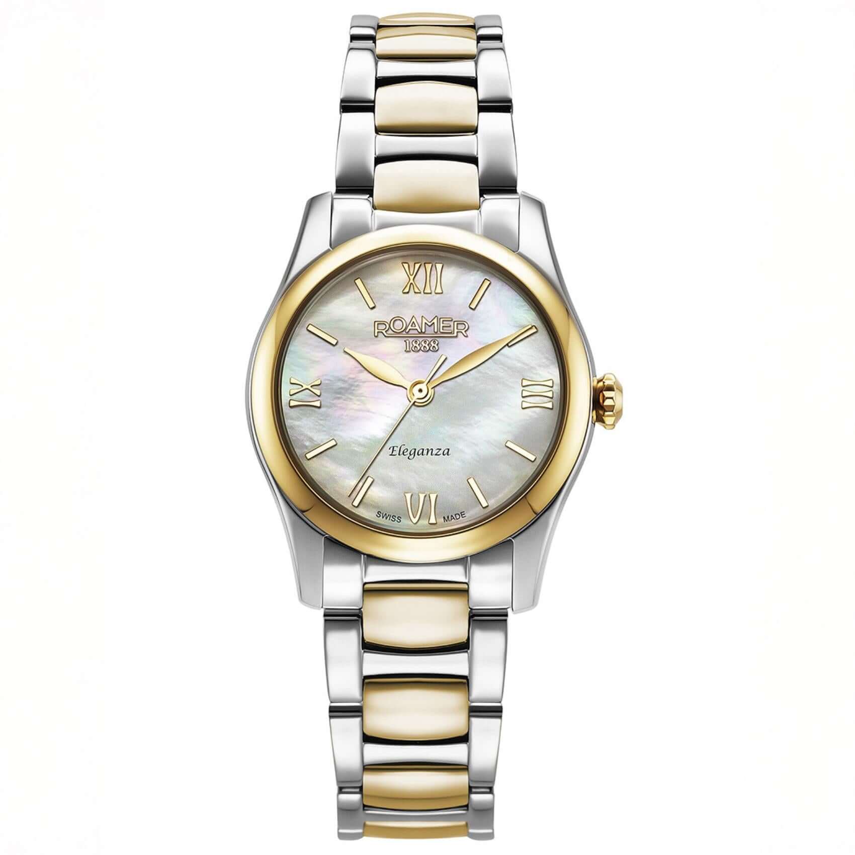 Γυναικείο ρολόι Roamer Eleganza 974847-47-20-20 με δίχρωμο ατσάλινο μπρασελέ σε ασημί-χρυσό χρώμα & καντράν 30mm με λευκό φίλντισι.