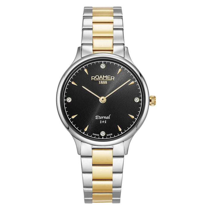 Γυναικείο ρολόι Roamer Eternal 863857-47-55-50 με δίχρωμο ασημί-χρυσό ατσάλινο μπρασελέ και μαύρο καντράν 30mm με διαμάντια.