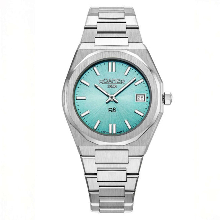 Γυναικείο ρολόι Roamer R8 Ladies 972857-41-05-20 με ασημί ατσάλινο μπρασελέ και τιρκουάζ καντράν διαμέτρου 32mm. 