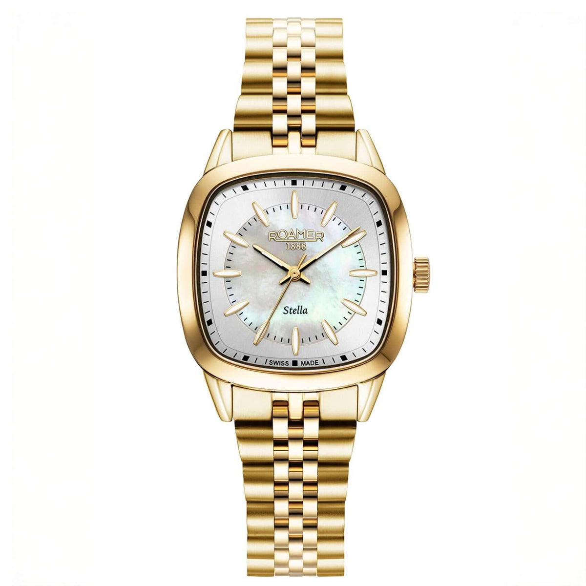 Γυναικείο ρολόι Roamer Stella 966847-48-20-20 με χρυσό μπρασελέ από ανοξείδωτο ατσάλι και ασημί καντράν από φίλντισι διαμέτρου 32mm