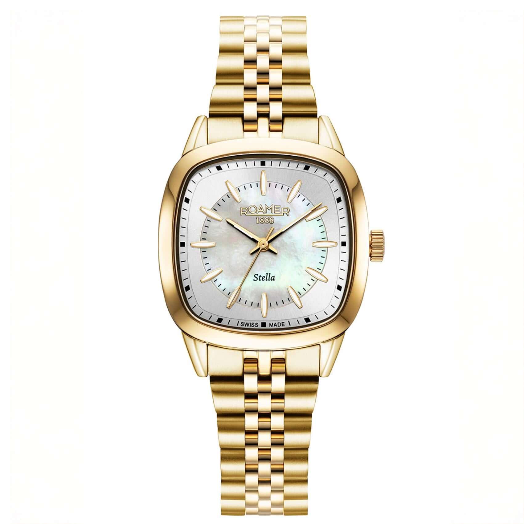 Γυναικείο ρολόι Roamer Stella 966847-48-20-20 με χρυσό μπρασελέ από ανοξείδωτο ατσάλι και ασημί καντράν από φίλντισι διαμέτρου 32mm