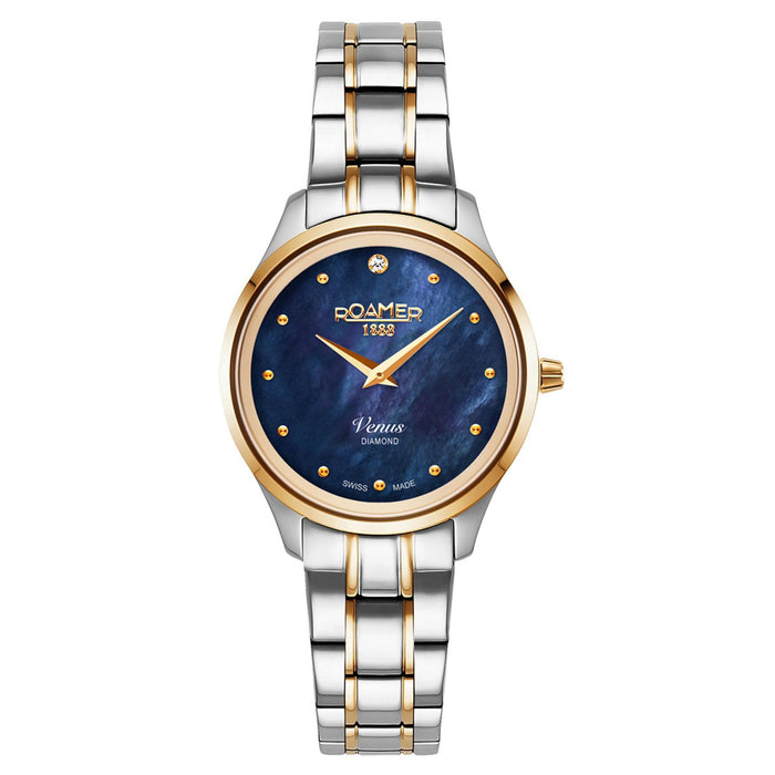 Γυναικείο ρολόι Roamer Venus Diamonds 601857-47-40-20 με δίχρωμο ατσάλινο μπρασελέ, μπλε φίλντισι καντράν και κάσα 30 mm.