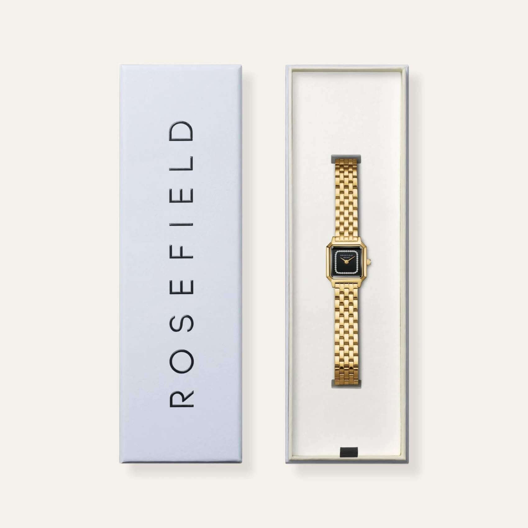 Συσκευασία από γυναικείο ρολόι Rosefield Boxelle Black Crystals Frame BBGSG-B09.