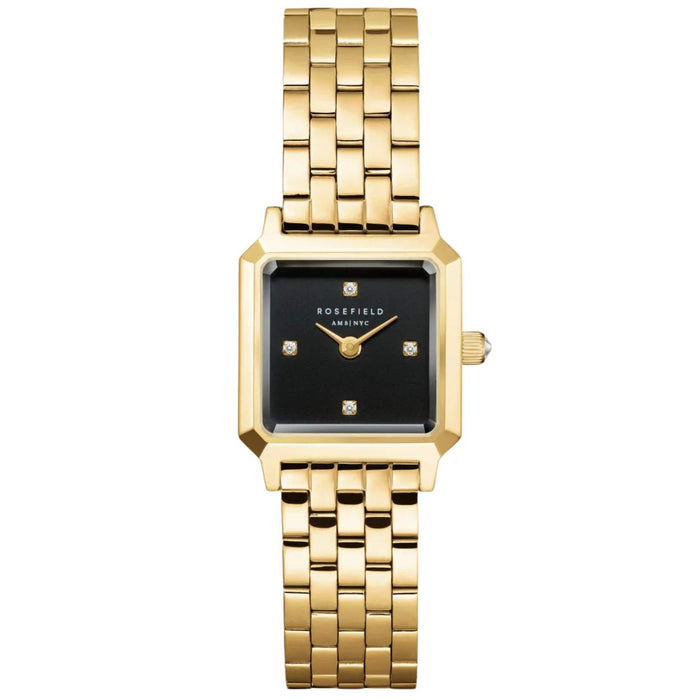 Γυναικείο ρολόι Rosefield Boxelle Black Crystals  BBGSG-B08 με χρύσο μπρασελέ και μαύρο τετράγωνο καντράν με πέτρες.
