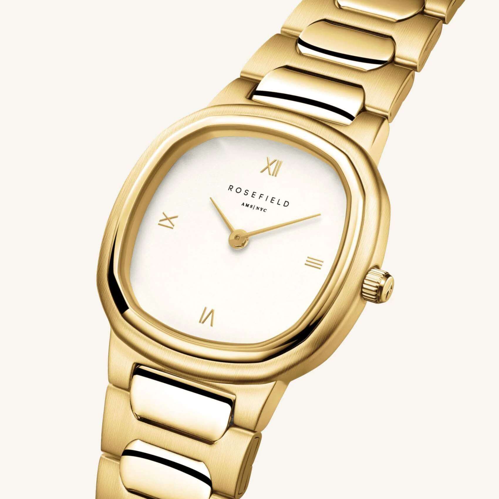 Γυναικείο ρολόι Rosefield Gaia Creme Gold ORCGSG-OR01 με χρυσό μπρασελέ & μπεζ τετράγωνο καντράν.