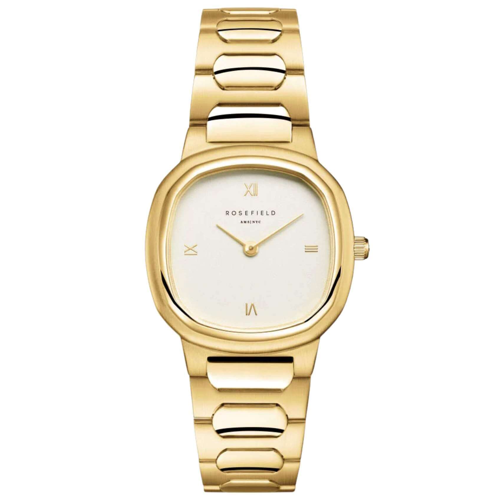 Γυναικείο ρολόι Rosefield Gaia Creme Gold ORCGSG-OR01 με χρυσό μπρασελέ και μπεζ τετράγωνο καντράν.