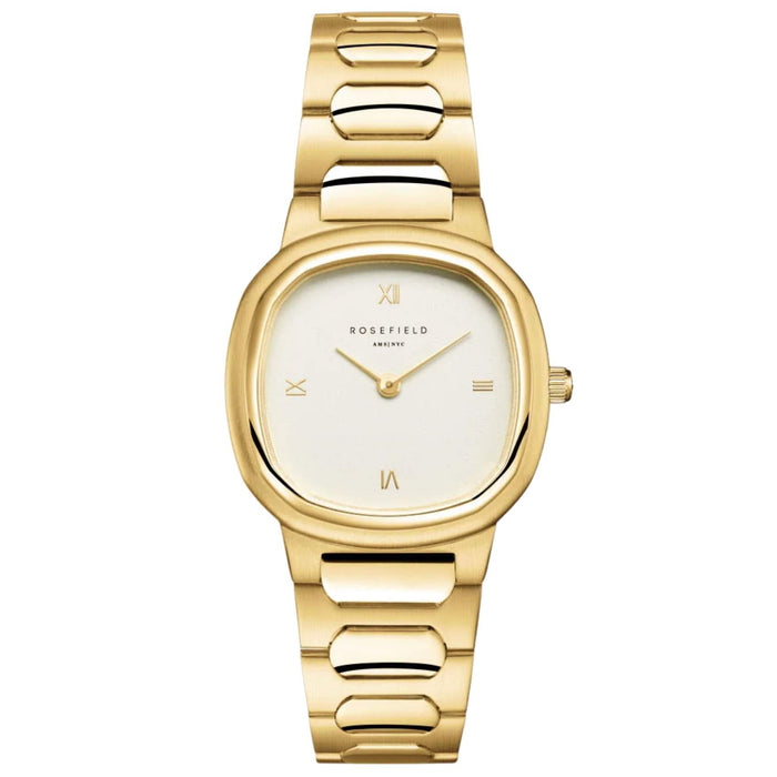 Γυναικείο ρολόι Rosefield Gaia Creme Gold ORCGSG-OR01 με χρυσό μπρασελέ και μπεζ τετράγωνο καντράν.