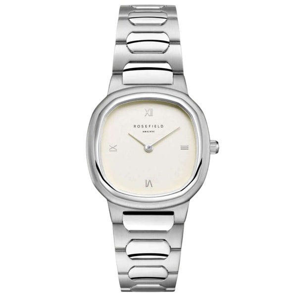 Γυναικείο ρολόι Rosefield Gaia Creme Silver ORCSSS-OR02 με ασημί μπρασελέ και μπεζ τετράγωνο καντράν.