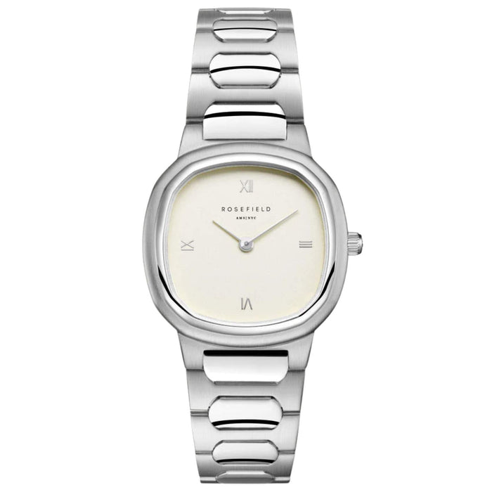 Γυναικείο ρολόι Rosefield Gaia Creme Silver ORCSSS-OR02 με ασημί μπρασελέ και μπεζ τετράγωνο καντράν.