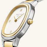 Γυναικείο ρολόι Rosefield Gaia Creme Duotone ORCDSD-OR03 με δίχρωμο μπρασελέ και μπεζ τετράγωνο καντράν, πλαϊνή λήψη.