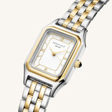 Γυναικείο ρολόι Rosefield Ivy White Duotone OCWDSD-OC03 με δίχρωμο μπρασελέ και άσπρο οκτάγωνο καντράν, πλαϊνή λήψη.