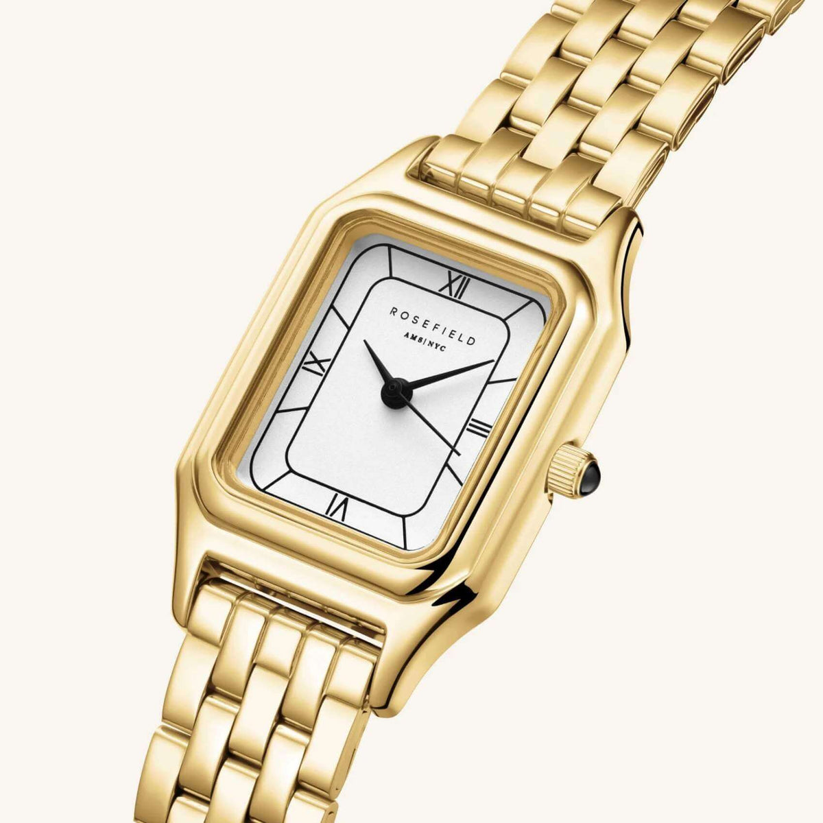 Γυναικείο ρολόι Rosefield Ivy White Gold OCWGSG-OC01 με χρυσό μπρασελέ και άσπρο οκτάγωνο καντράν, πλαϊνή λήψη.