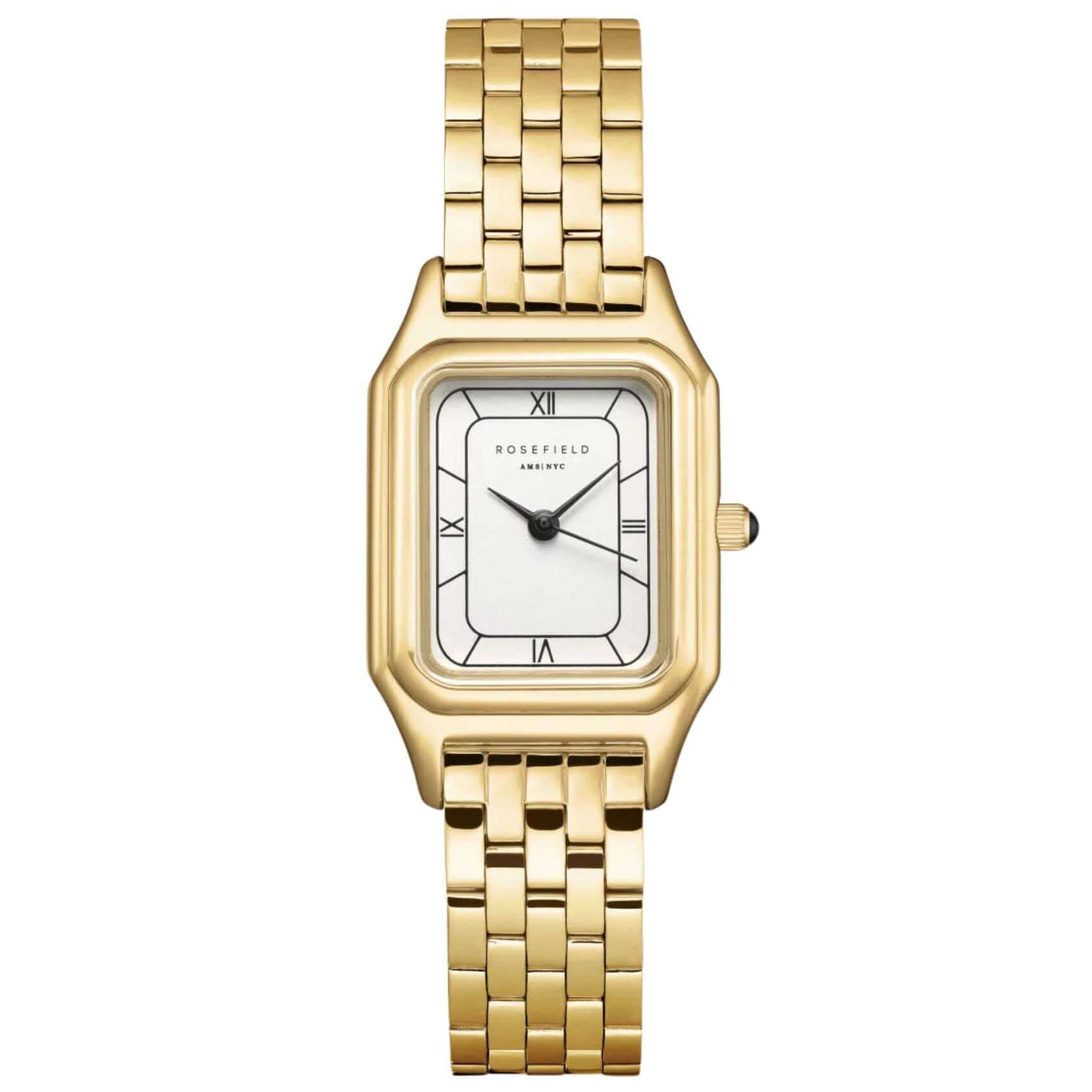 Γυναικείο ρολόι Rosefield Ivy White Gold OCWGSG-OC01 με χρυσό μπρασελέ και άσπρο οκτάγωνο καντράν.