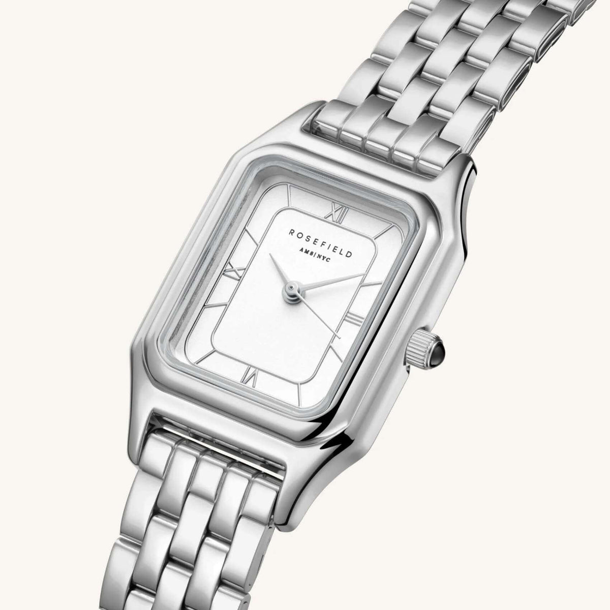 Γυναικείο ρολόι Rosefield Ivy White Silver OCWSSS-OC02 με ασημί μπρασελέ και άσπρο οκτάγωνο καντράν, πλαϊνή λήψη.