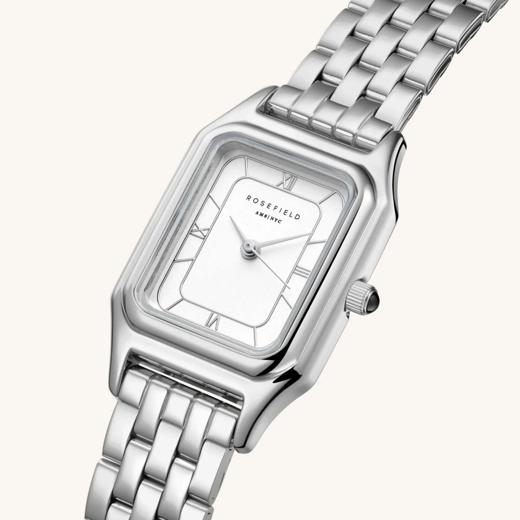 Γυναικείο ρολόι Rosefield Ivy White Silver OCWSSS-OC02 με ασημί μπρασελέ και άσπρο οκτάγωνο καντράν, πλαϊνή λήψη.