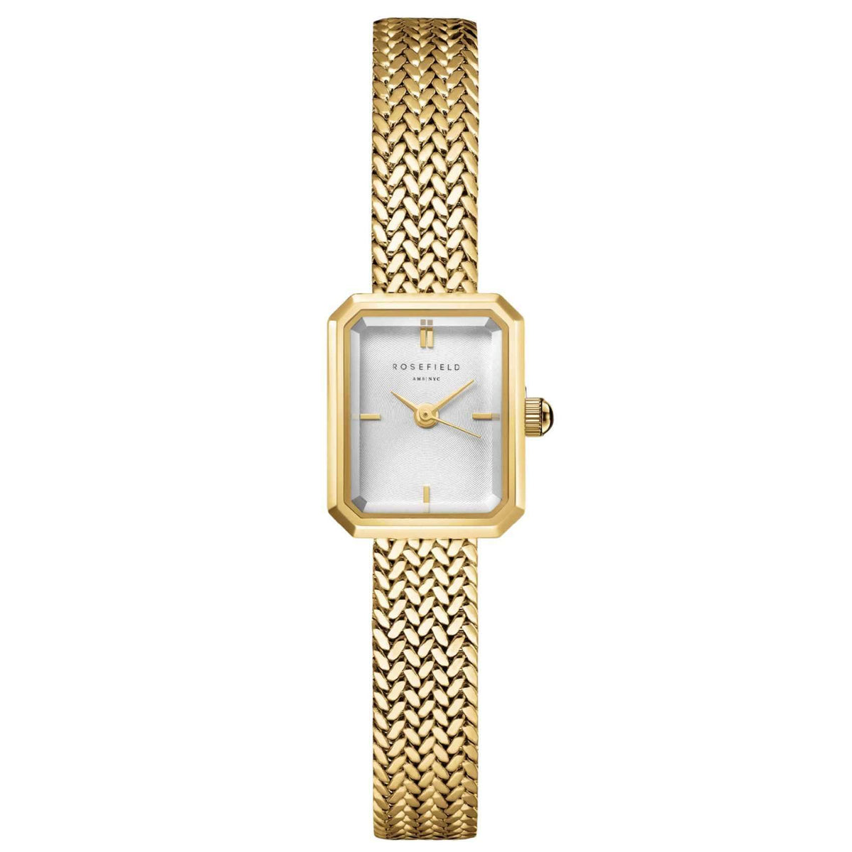 Γυναικείο ρολόι Rosefield Mini Octagon Gold MWGMG-M01 με χρυσό ατσάλινο μπρασελέ και άσπρο καντράν σε οκτάγωνο σχήμα μεγέθους 15mmX18.5mm.