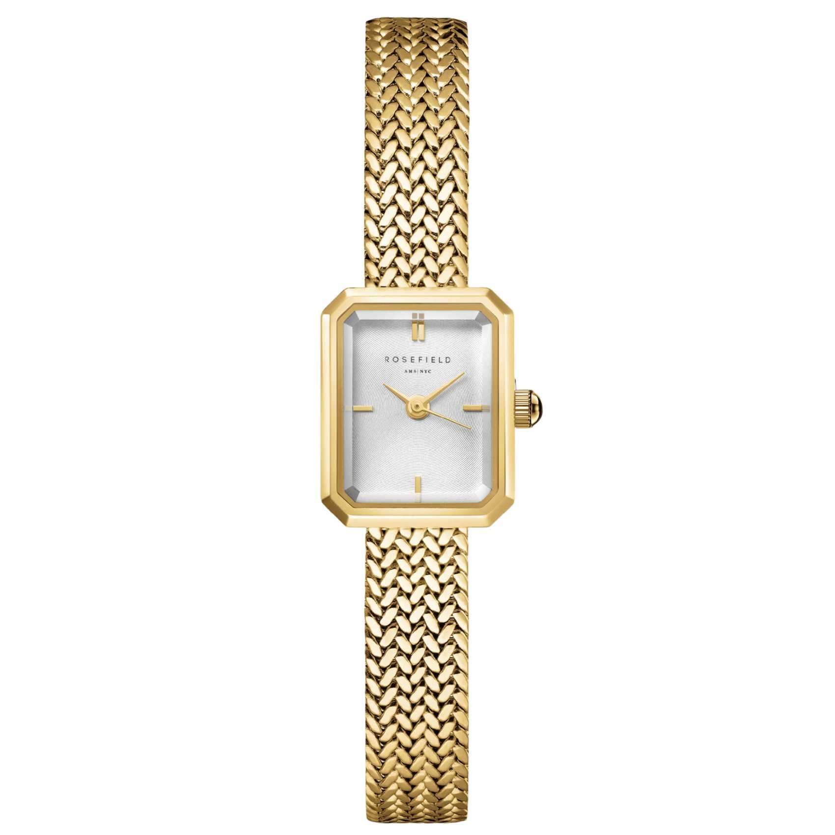 Γυναικείο ρολόι Rosefield Mini Octagon Gold MWGMG-M01 με χρυσό ατσάλινο μπρασελέ και άσπρο καντράν σε οκτάγωνο σχήμα μεγέθους 15mmX18.5mm.