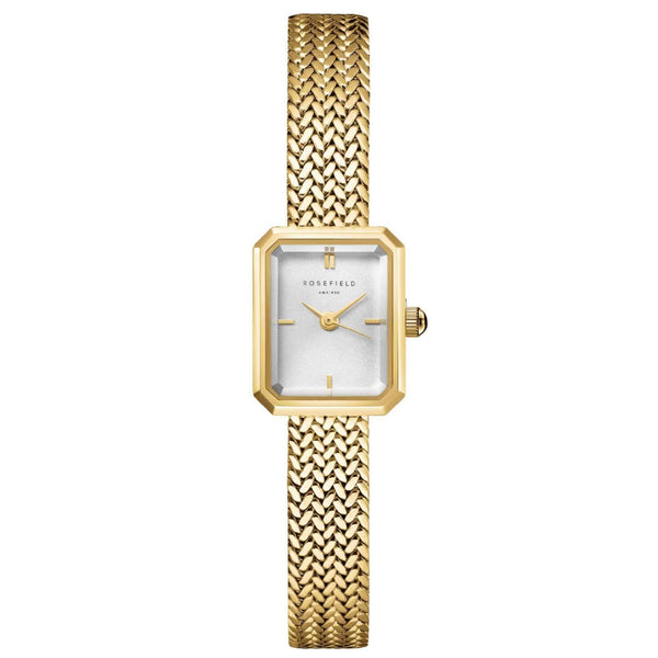 Γυναικείο ρολόι Rosefield Mini Octagon Gold MWGMG-M01 με χρυσό ατσάλινο μπρασελέ και άσπρο καντράν σε οκτάγωνο σχήμα μεγέθους 15mmX18.5mm.