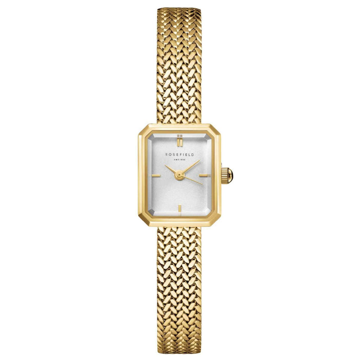 Γυναικείο ρολόι Rosefield Mini Octagon Gold MWGMG-M01 με χρυσό ατσάλινο μπρασελέ και άσπρο καντράν σε οκτάγωνο σχήμα μεγέθους 15mmX18.5mm.