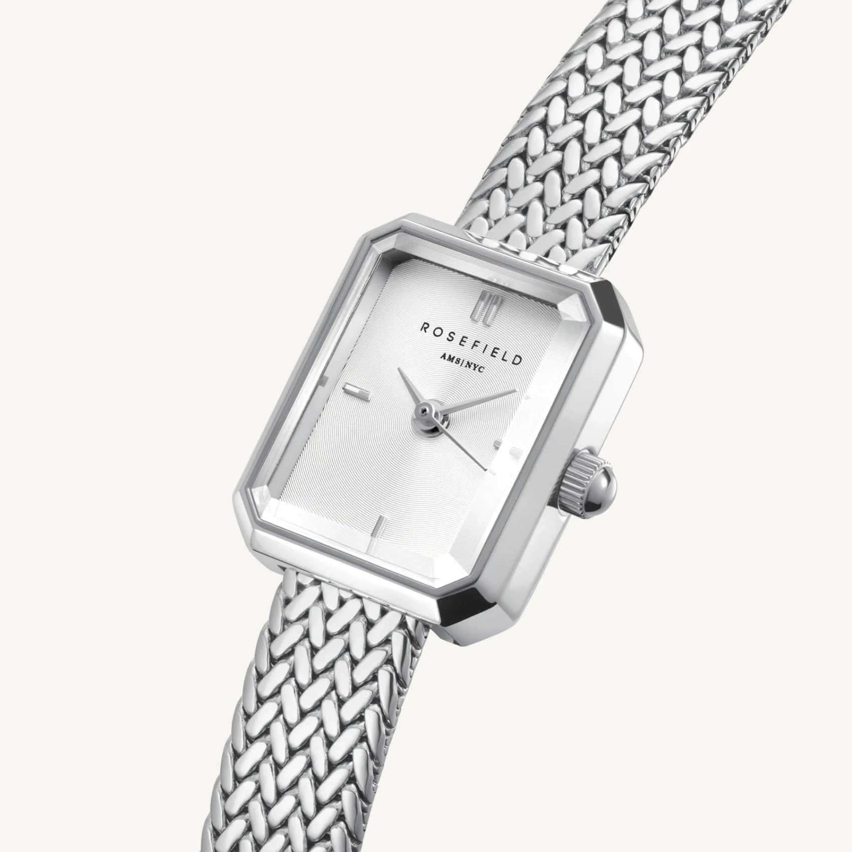 Ρολόι Rosefield Mini Octagon Silver MWSMS-M04 με ασημί μπρασελέ και ασημί οκτάγωνο καντράν.