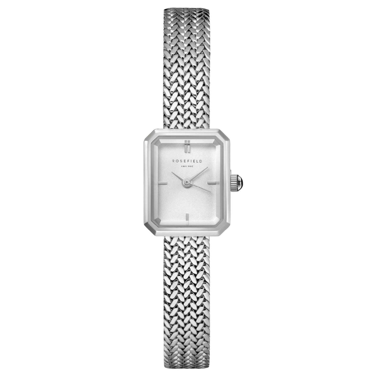 Γυναικείο ρολόι Rosefield Mini Octagon Silver MWSMS-M04 με ασημί μπρασελέ και ασημί οκτάγωνο καντράν.