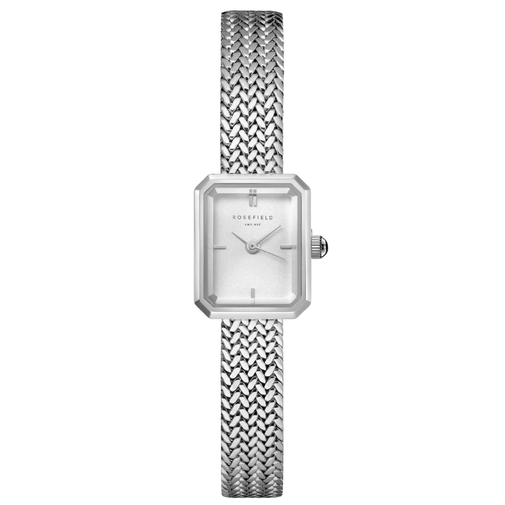 Γυναικείο ρολόι Rosefield Mini Octagon Silver MWSMS-M04 με ασημί μπρασελέ και ασημί οκτάγωνο καντράν.