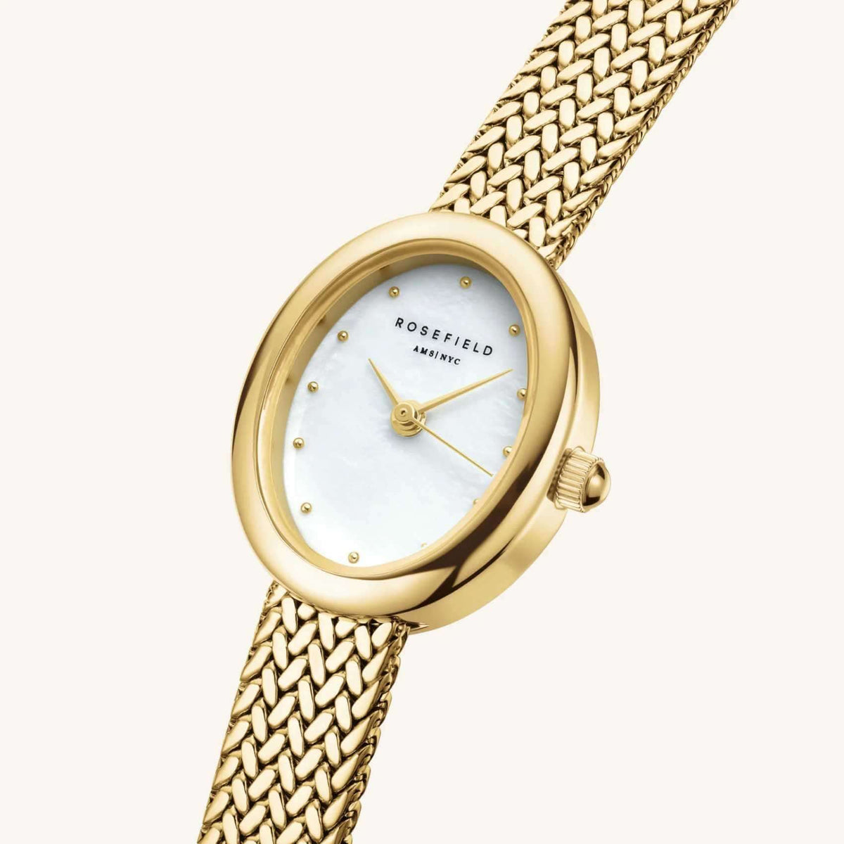 Γυναικείο ρολόι Rosefield Mini Oval Gold MWGMG-M02 με χρυσό  μπρασελέ, άσπρο φίλντισι καντράν και οβάλ σχήμα.
