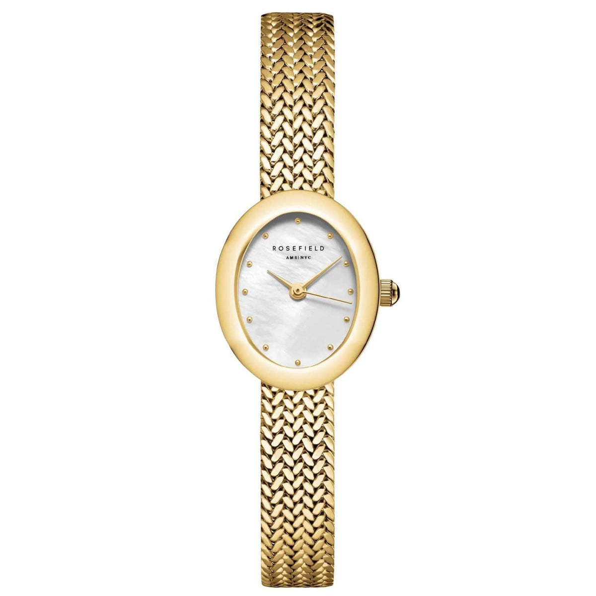 Γυναικείο ρολόι Rosefield Mini Oval Gold MWGMG-M02 με χρυσό  μπρασελέ και άσπρο φίλντισι καντράν σε οβάλ σχήμα.