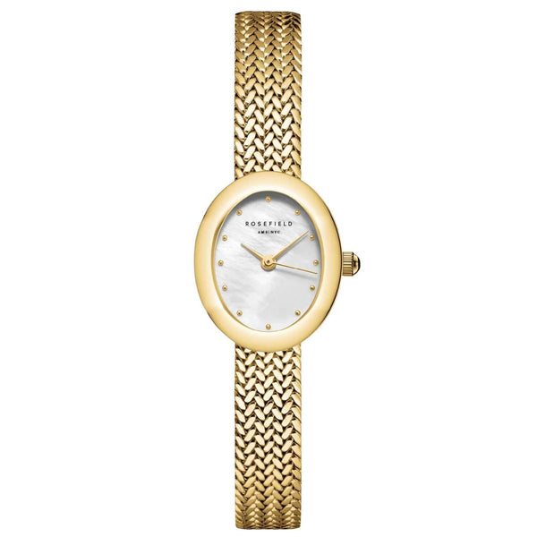 Γυναικείο ρολόι Rosefield Mini Oval Gold MWGMG-M02 με χρυσό  μπρασελέ και άσπρο φίλντισι καντράν σε οβάλ σχήμα.
