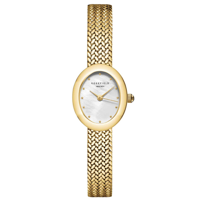 Γυναικείο ρολόι Rosefield Mini Oval Gold MWGMG-M02 με χρυσό  μπρασελέ και άσπρο φίλντισι καντράν σε οβάλ σχήμα.