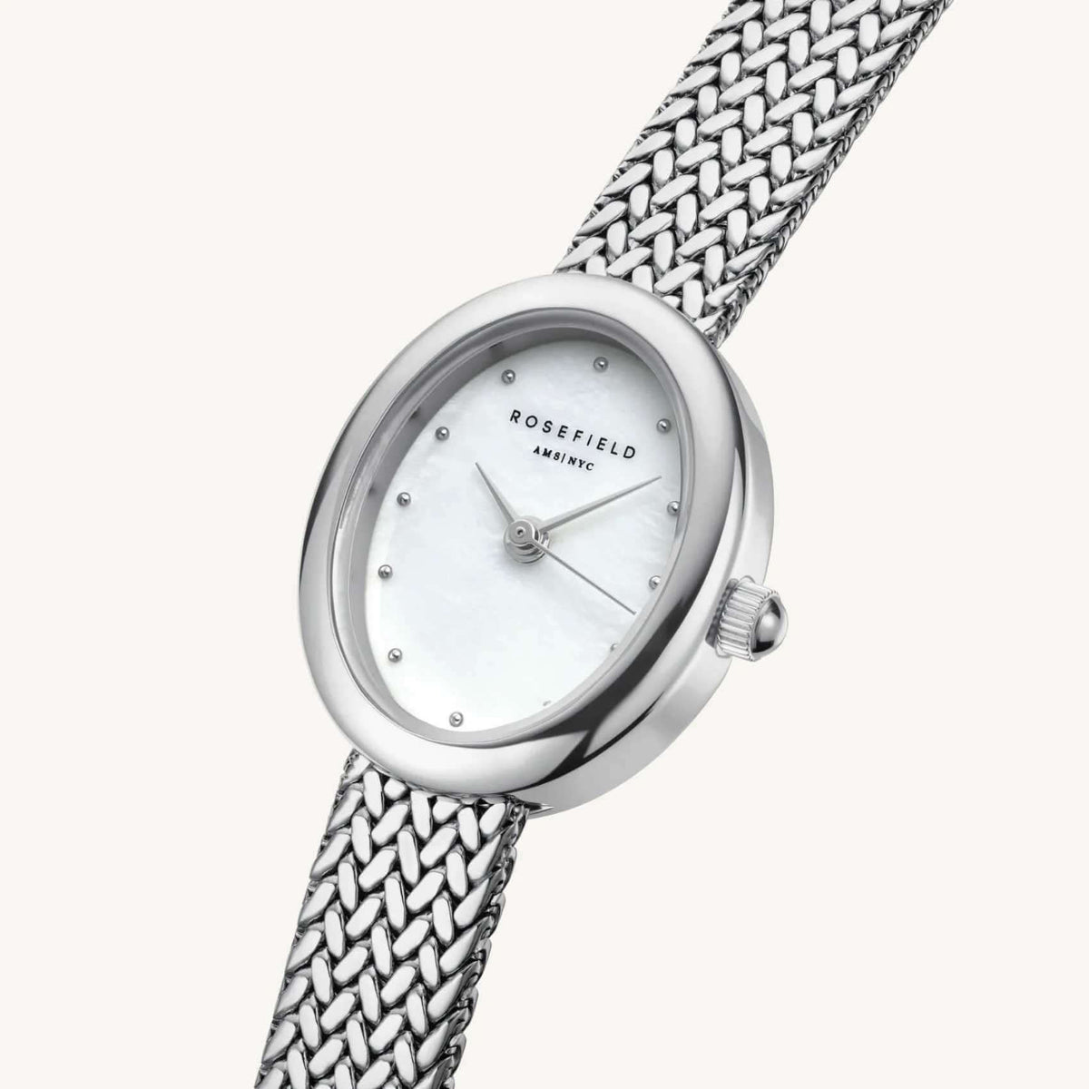 Γυναικείο ρολόι Rosefield Mini Oval Silver MWSMS-M05 με ασημί μπρασελέ και άσπρο οβάλ φίλντισι καντράν.