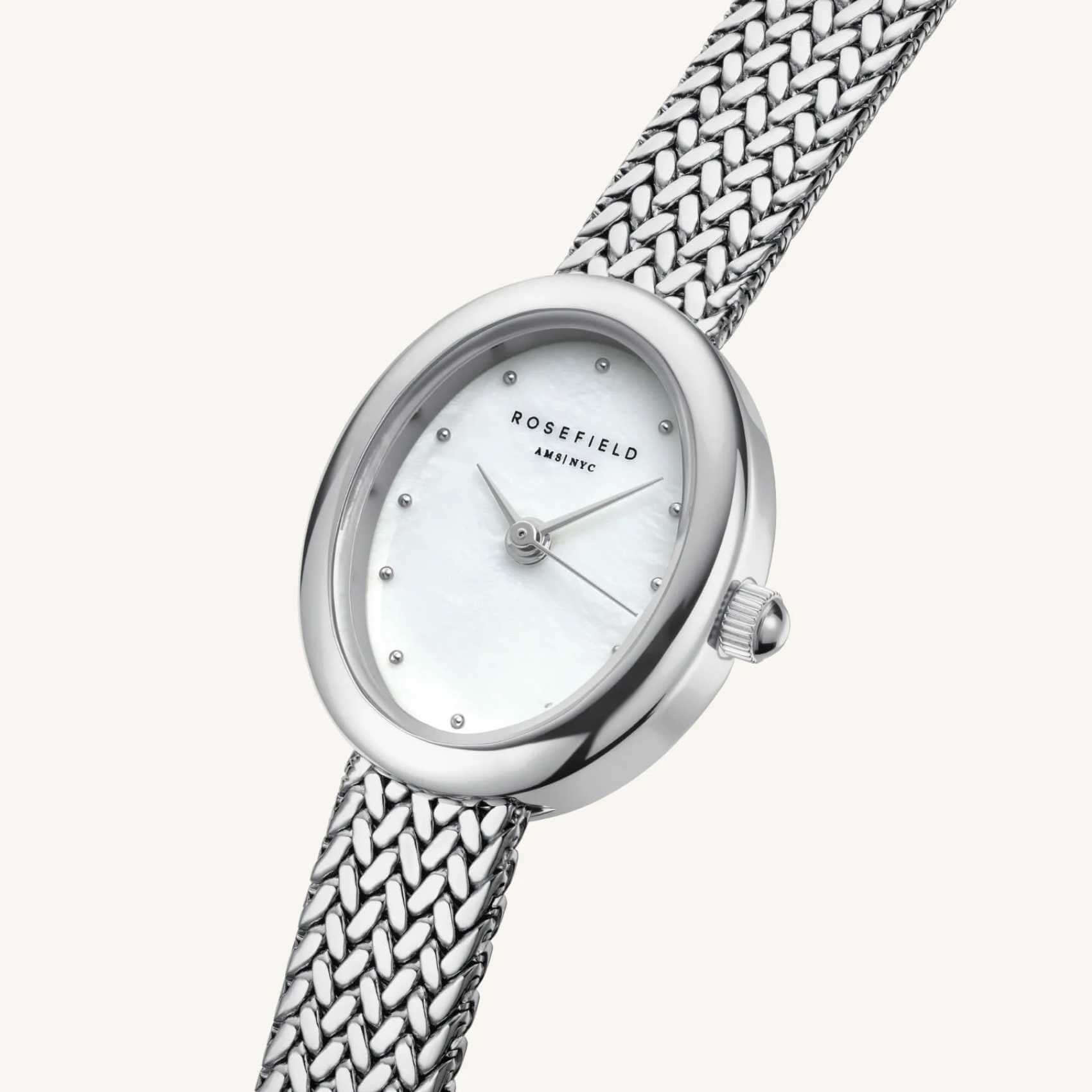Γυναικείο ρολόι Rosefield Mini Oval Silver MWSMS-M05 με ασημί μπρασελέ και άσπρο οβάλ φίλντισι καντράν.