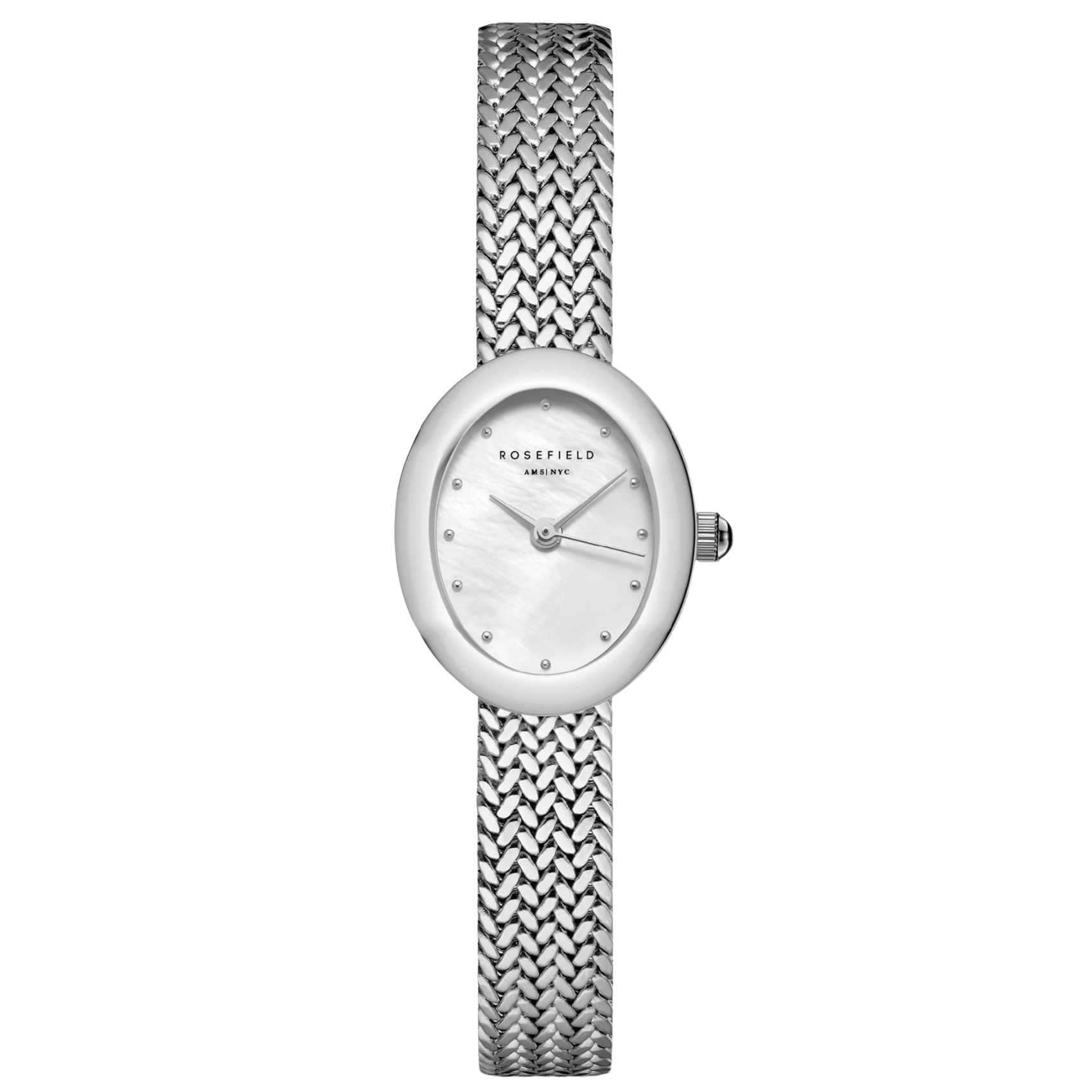 Γυναικείο ρολόι Rosefield Mini Oval Silver MWSMS-M05 με ασημί μπρασελέ και άσπρο φίλντισι καντράν σε οβάλ σχήμα.