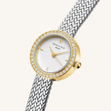 Γυναικείο ρολόι Rosefield Mini Small Edit Duotone MWSMG-M06 με ασημί μπρασελέ και άσπρο καντράν με πέτρες στο στεφάνι, πλαϊνή όψη.