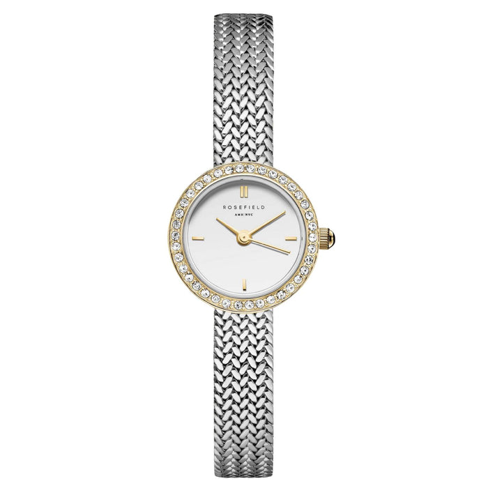 Γυναικείο ρολόι Rosefield Mini Small Edit Duotone MWSMG-M06 με ασημί μπρασελέ και άσπρο καντράν με πέτρες στο στεφάνι.