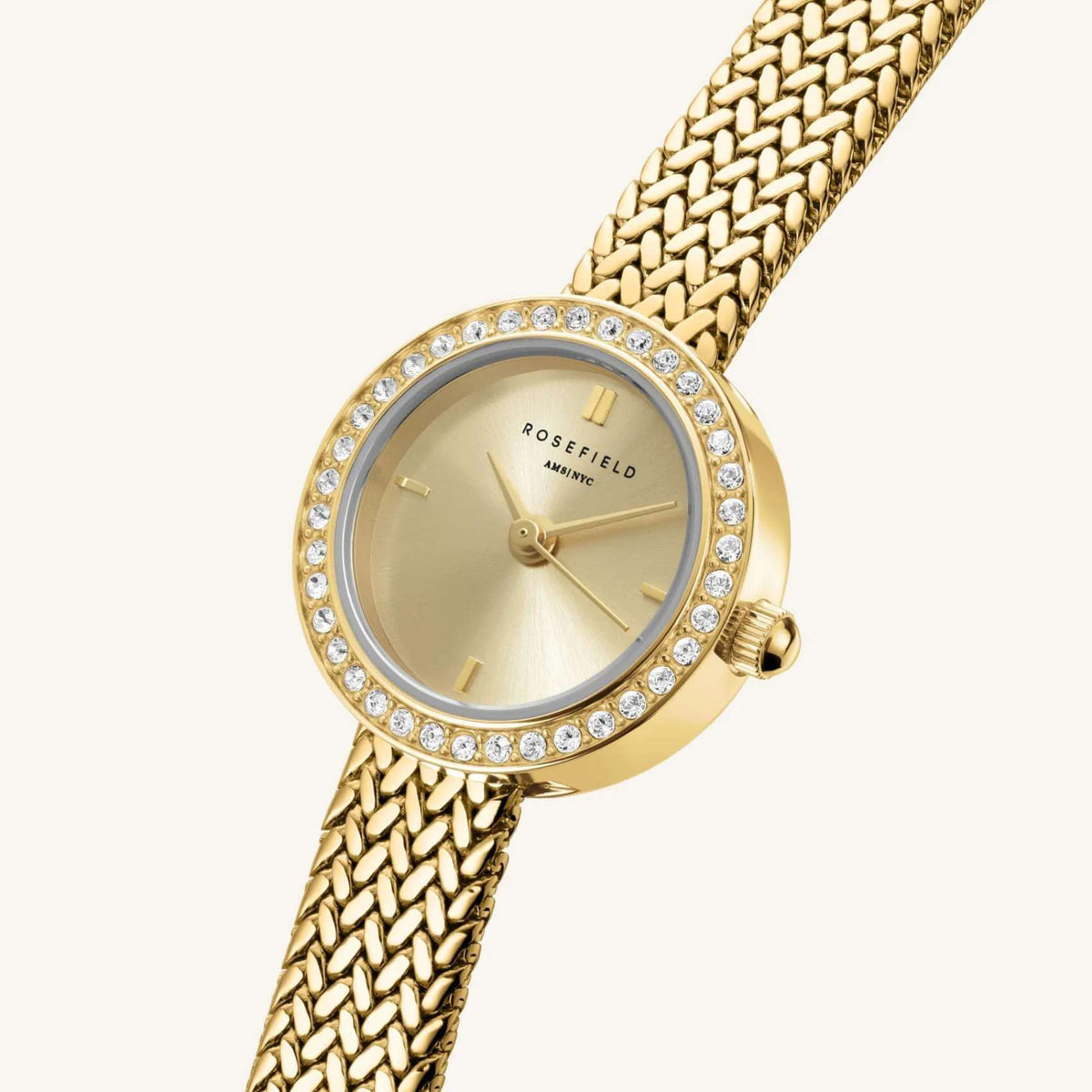 Γυναικείο ρολόι Rosefield Mini Small Edit Gold MCGMG-M03 με χρυσό μπρασελέ και χρυσό καντράν με ζιργκόν.