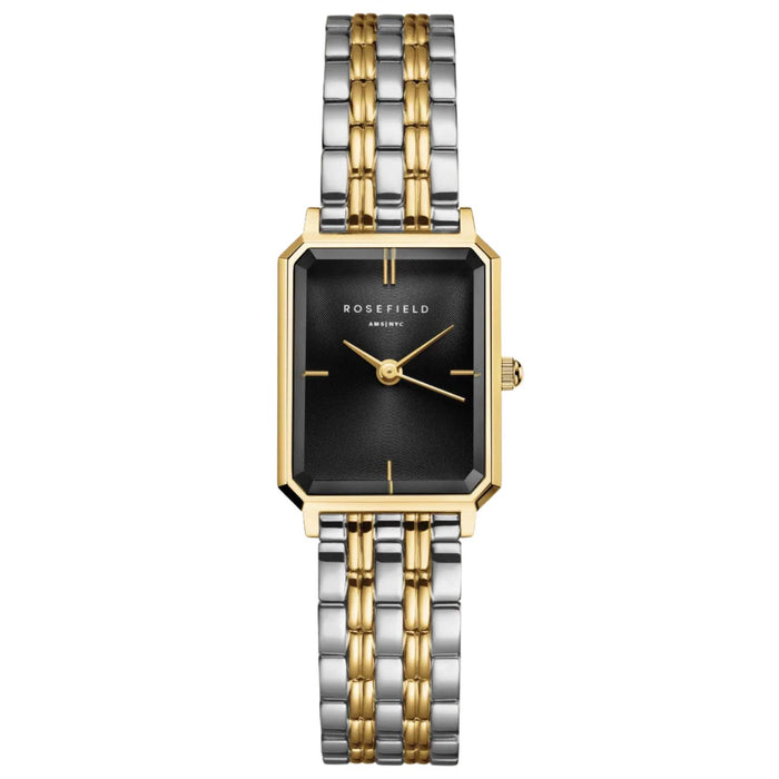 Γυναικείο ρολόι Rosefield Octagon XS Black Duotone OBDSG-O88 με δίχρωμο μπρασελέ και μαύρο οκτάγωνο καντράν.
