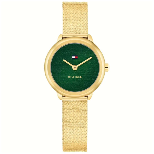 Γυναικείο ρολόι Tommy Hilfiger Demi 1782812 με χρυσό ατσάλινο μπρασελέ και πράσινο καντράν διαμέτρου 26mm.